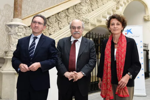 Jaume Giró, Fundació "la Caixa", Andreu Mas-Colell, president del BIST, i la directora, Montserrat Vendrell.