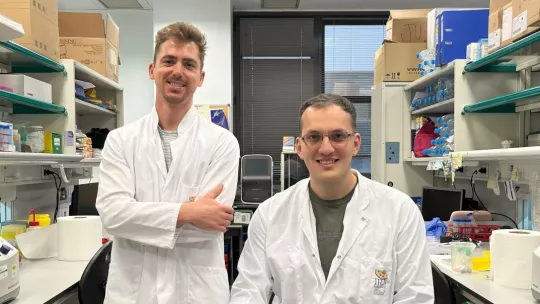 Diogo Soares and Miloš Lazić, PhD students at IRB Barcelona.