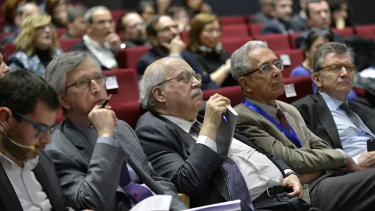 Joan Massagué, Sloan Kettering Institute of New York; Andreu Mas-Colell, BIST; Joan J. Guinovart, IRB Barcelona; Francisco Longo, ESADE. Imagen: Jordi Casañas (Mahala, IRB Barcelona)