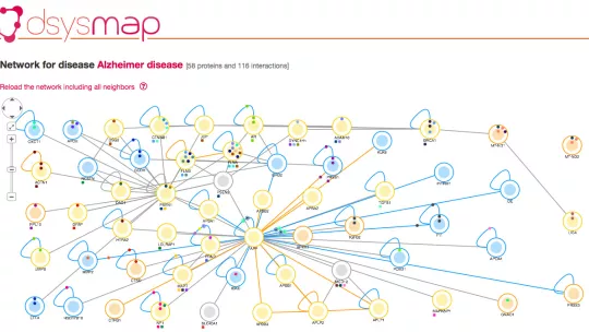 Mapa de interacciones de proteínas de la enfermedad de Alzheimer (fuente: dSysMap, IRB Barcelona)