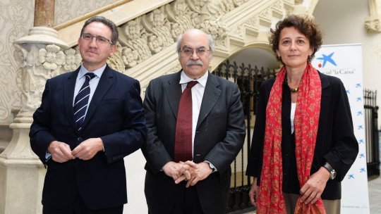 Jaume Giró, Fundació "la Caixa", Andreu Mas-Colell, president del BIST, i la directora, Montserrat Vendrell.