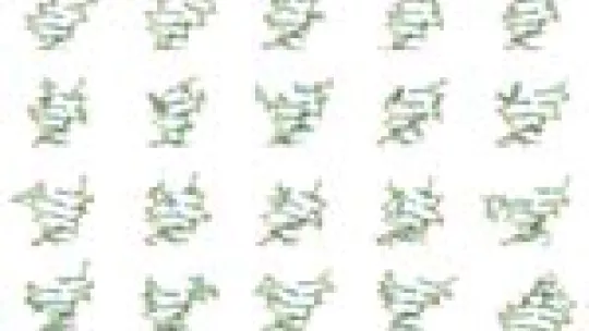 From left to right and up to down, DNA structure movements that permit to get an idea about the mechanism by which DNA starts to unfold. (© A. Pérez)